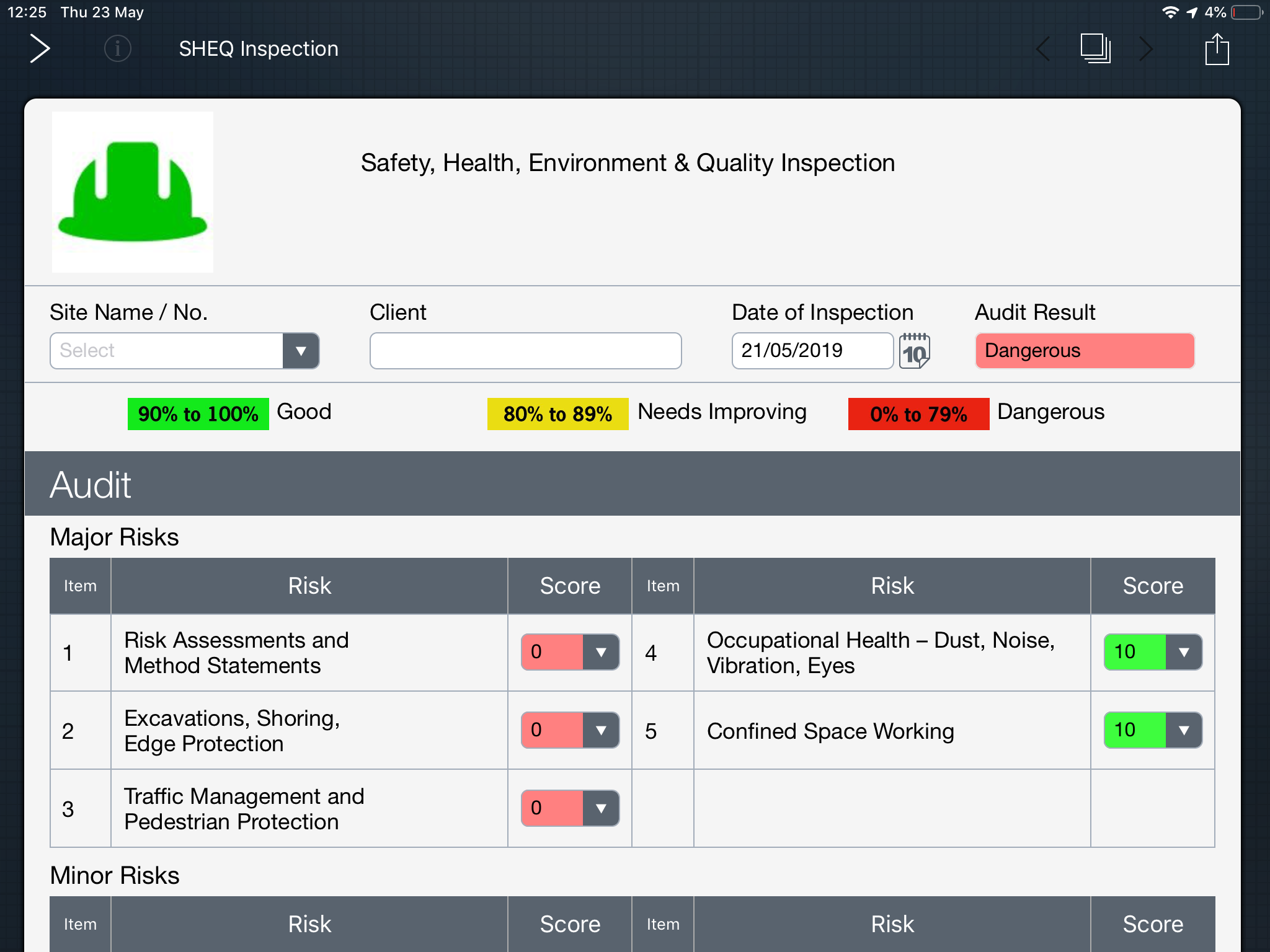 Example Health and Safety Form with scoring logic