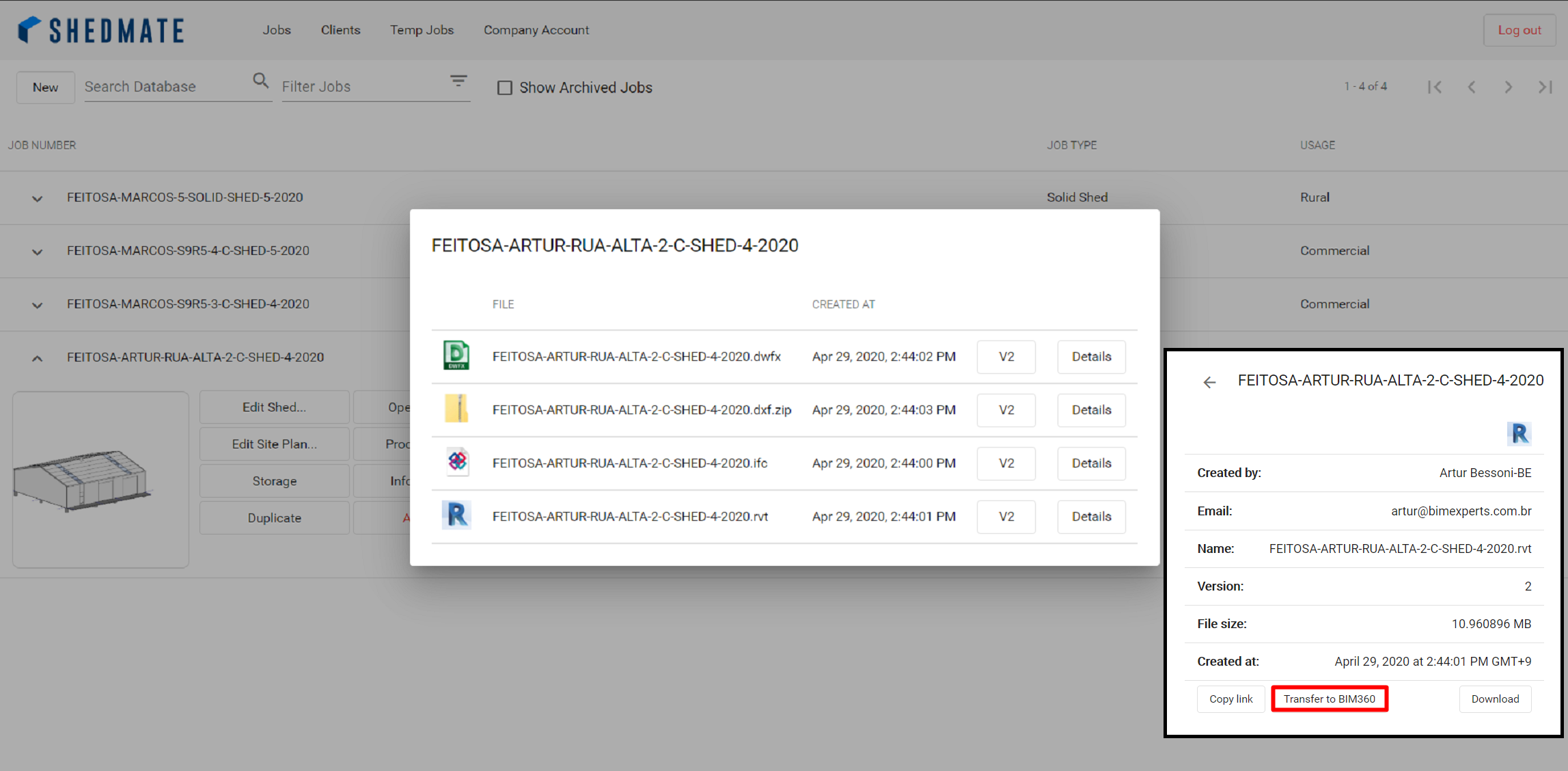 Export Revit, IFC, DXF, and DWFx files from Shedmate to BIM 360