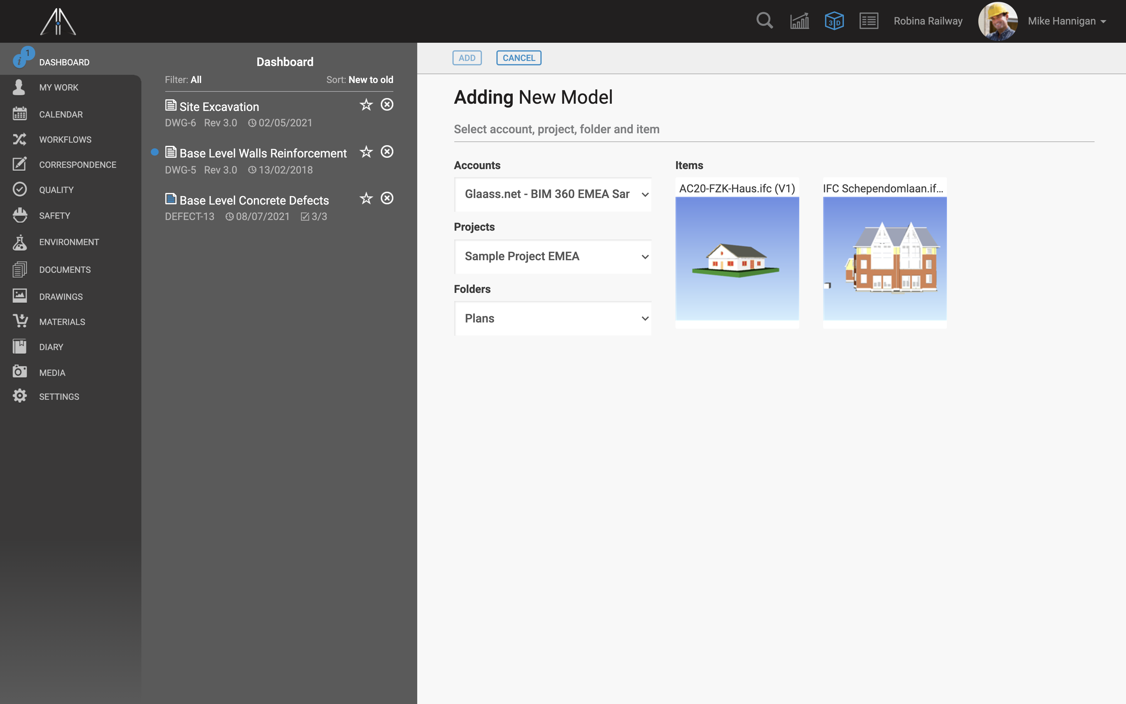 Select BIM 360 models and add them into Glaass Pro