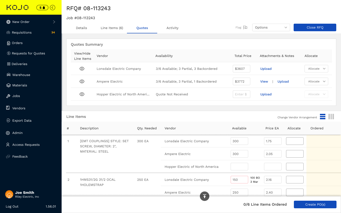 Kojo's RFQ Feature