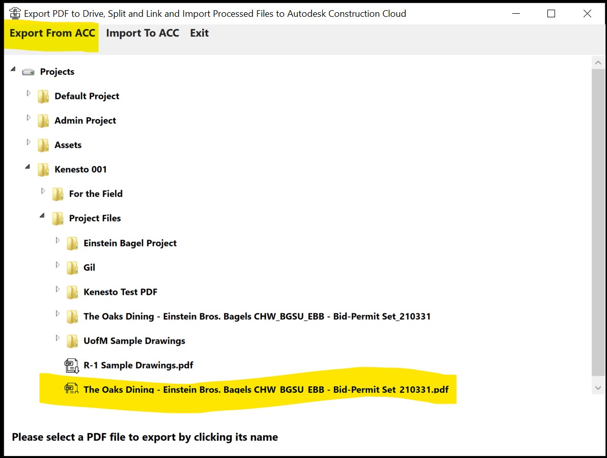 Select data in ACC to download to Kenesto for Automatic Splitting and Linking