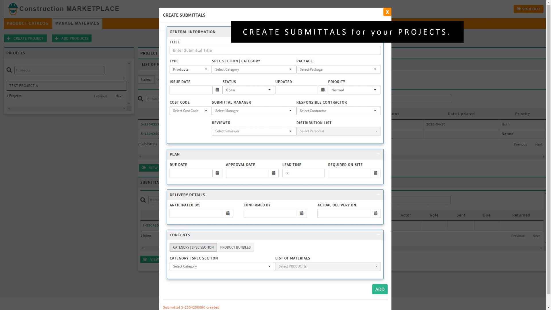 CREATE SUBMITTALS