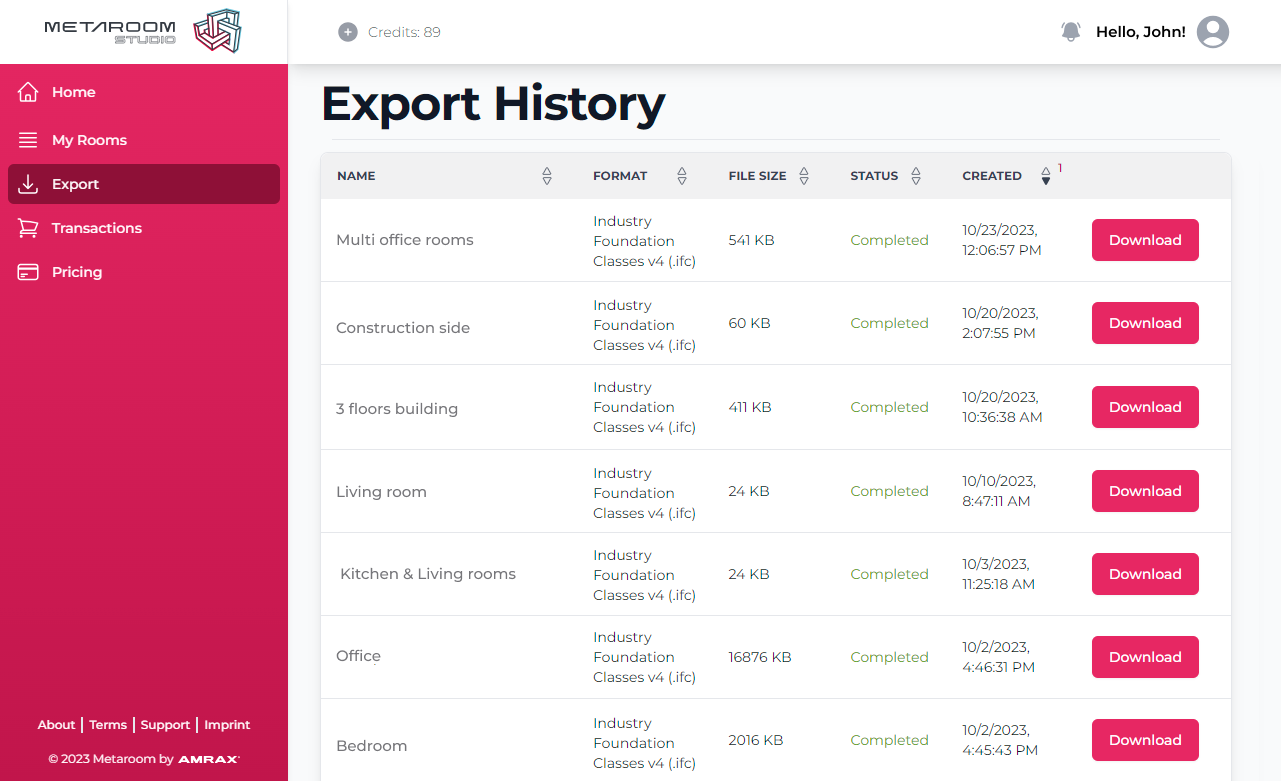 Metaroom Export History